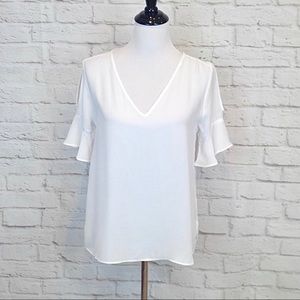 harve bernard cold shoulder short bell sleeve V neck white blouse